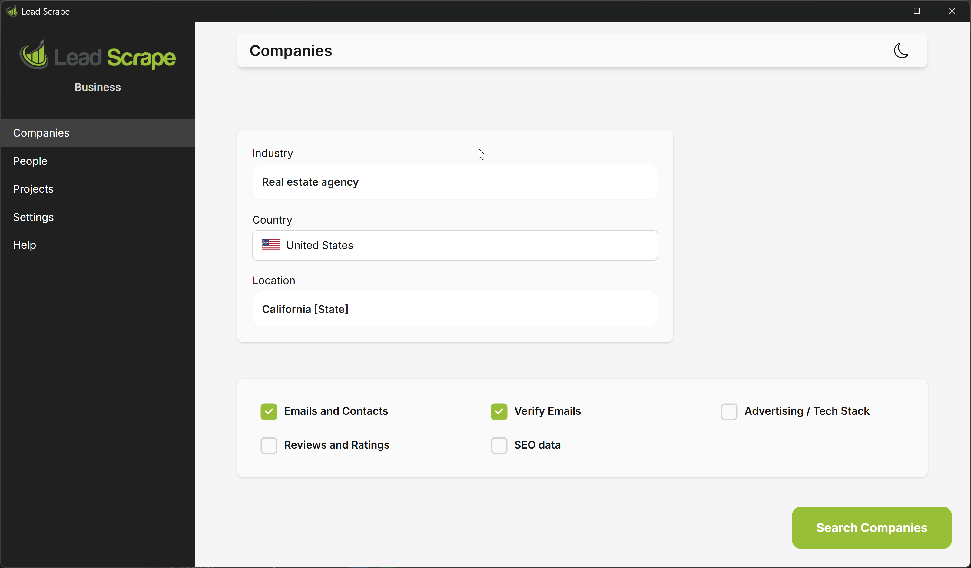 Lead Scrape Business search setup: industry set to Real estate agency, country United States, location California, with the Emails and Contacts and Verify Emails options switched on