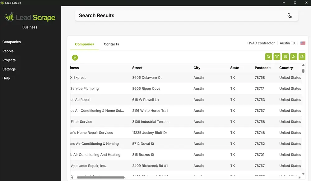 Lead Scrape Business showing the Companies tab of an HVAC contractor search in Austin, Texas, with heating and air conditioning firms listed by business name, street, city, state, and postcode