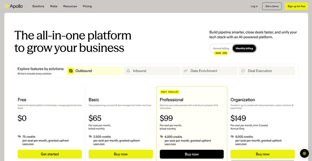 Apollo.io website pricing page on July 2026