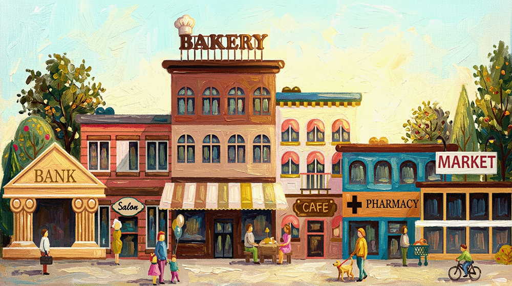 Local small businesses along a city street, the kind of nearby companies a local lead generation strategy targets