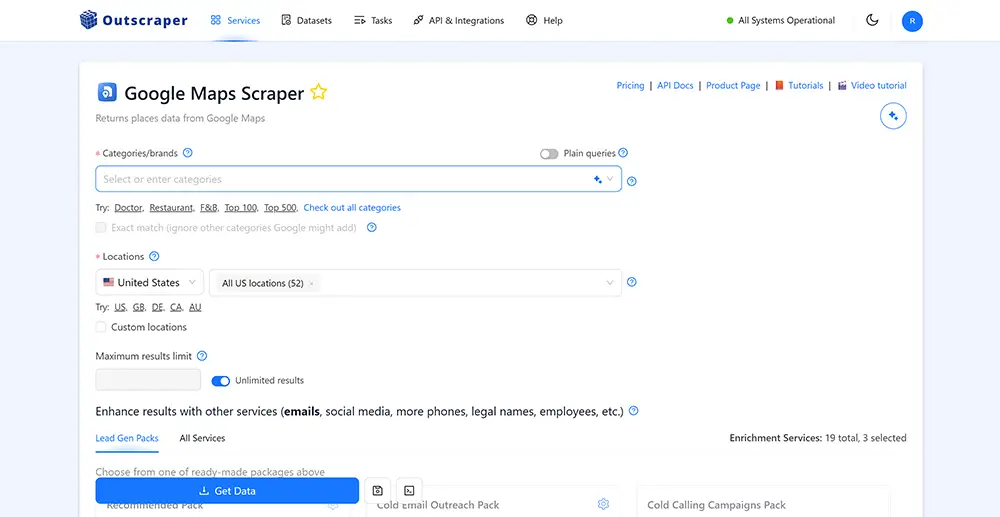 Outscraper Google Maps scraper set up to search insurance agencies with unlimited results and enrichment services selected