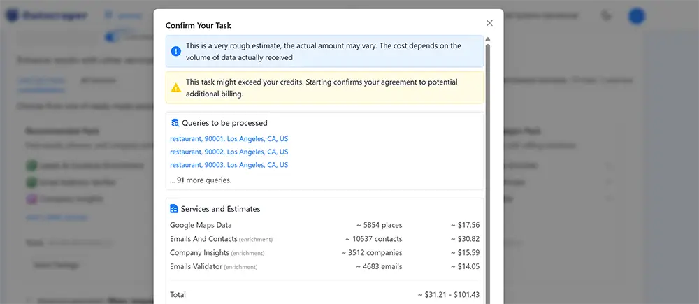 Outscraper cost estimate splitting a restaurants job into base data, emails and contacts, company insights, and email verification charges