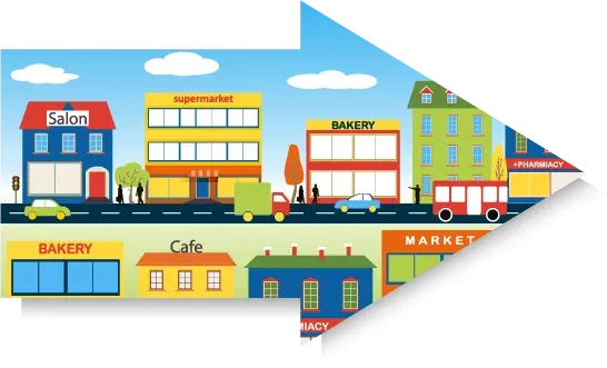 Small city shops in a local business district benefiting from community marketing