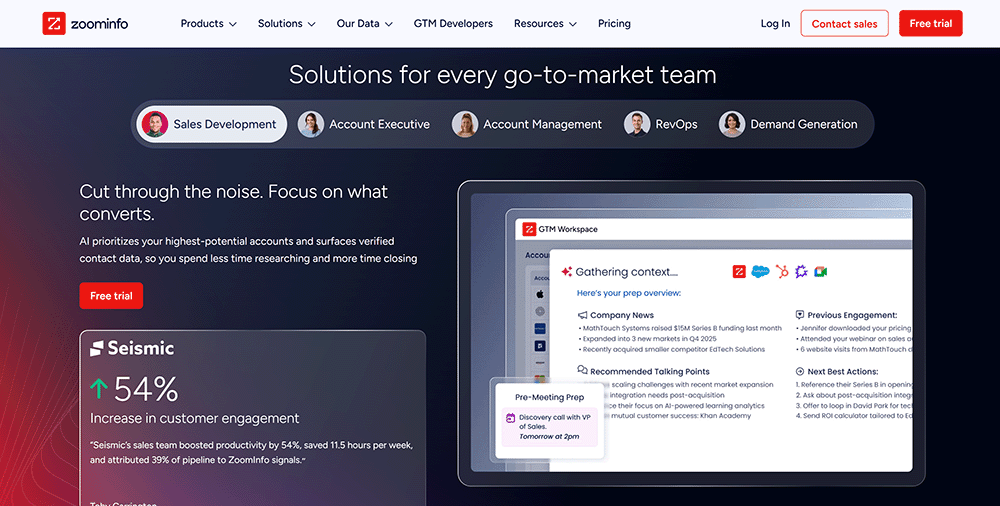ZoomInfo homepage, the enterprise B2B sales intelligence platform these alternatives compete with