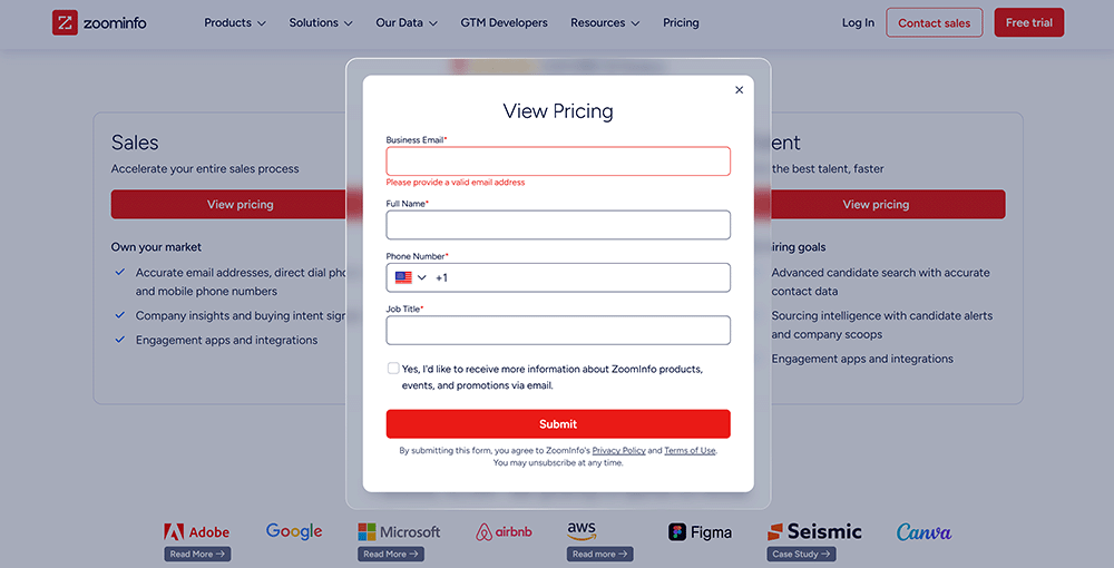ZoomInfo's View Pricing form asking for business email, full name, phone number, and job title before revealing a quote, reflecting its opaque custom pricing