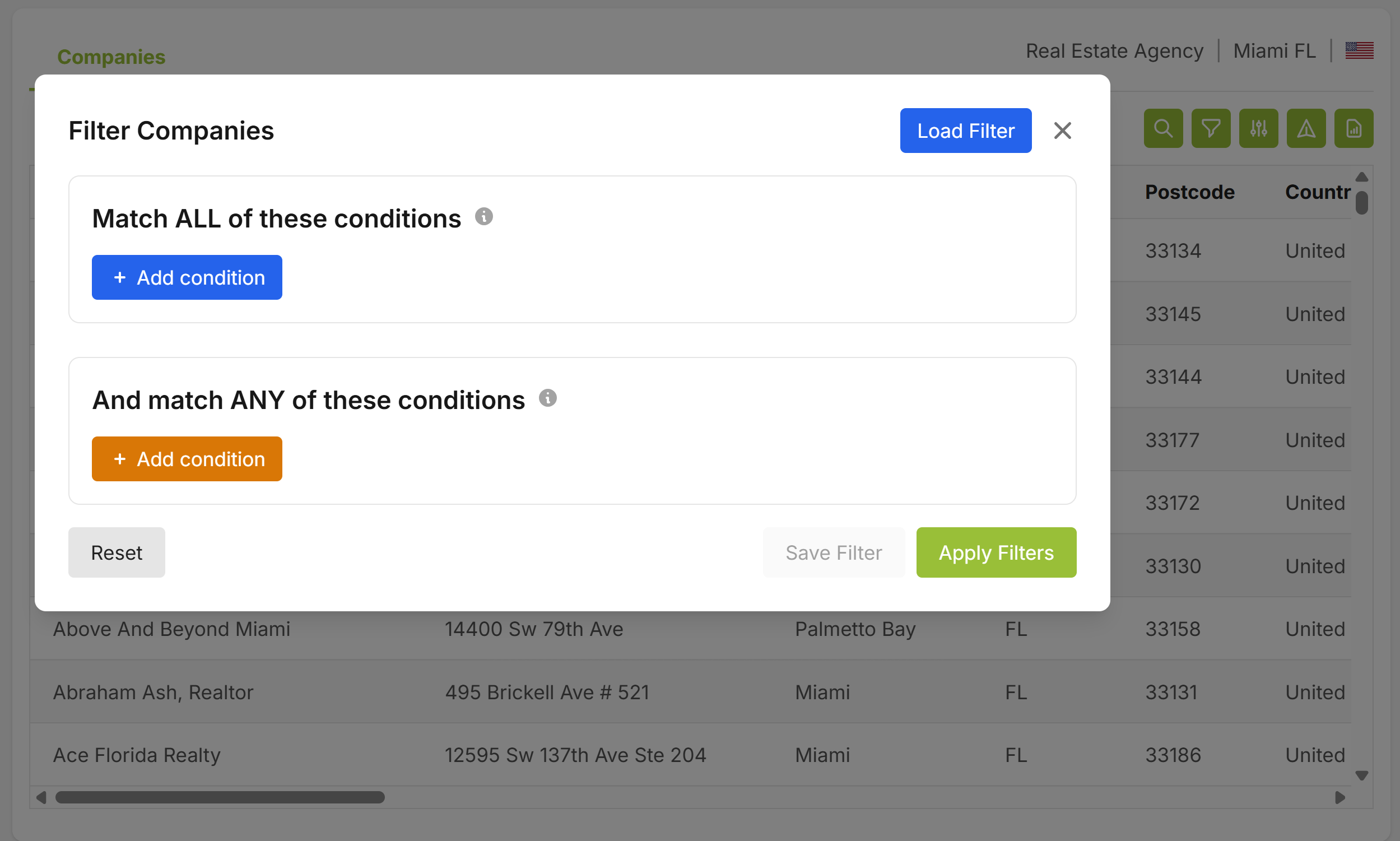 Lead Scrape Advanced Filters Interface